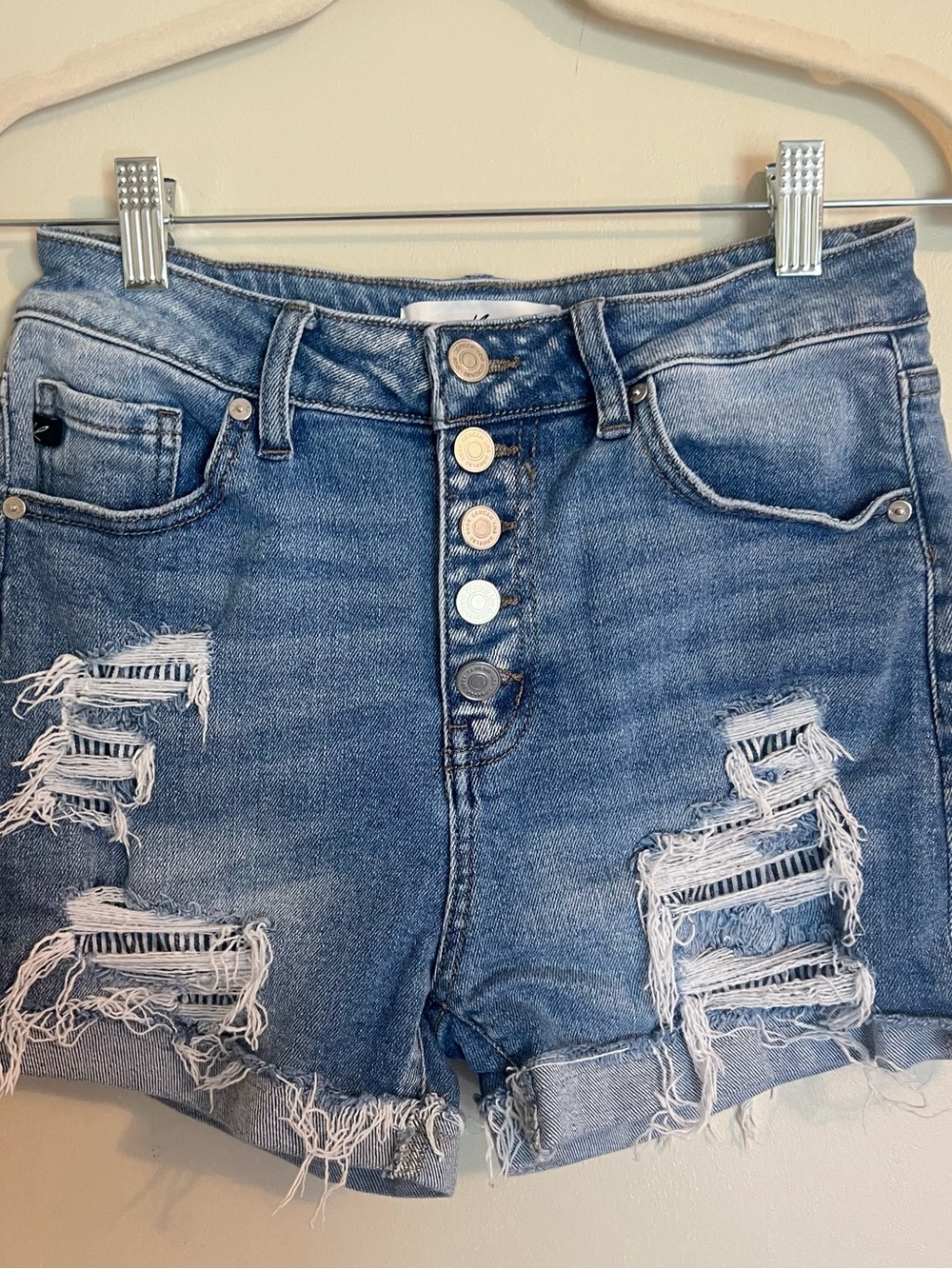 KanCan Distressed Button-Fly Denim Shorts - Blue - Picture 4 of 9